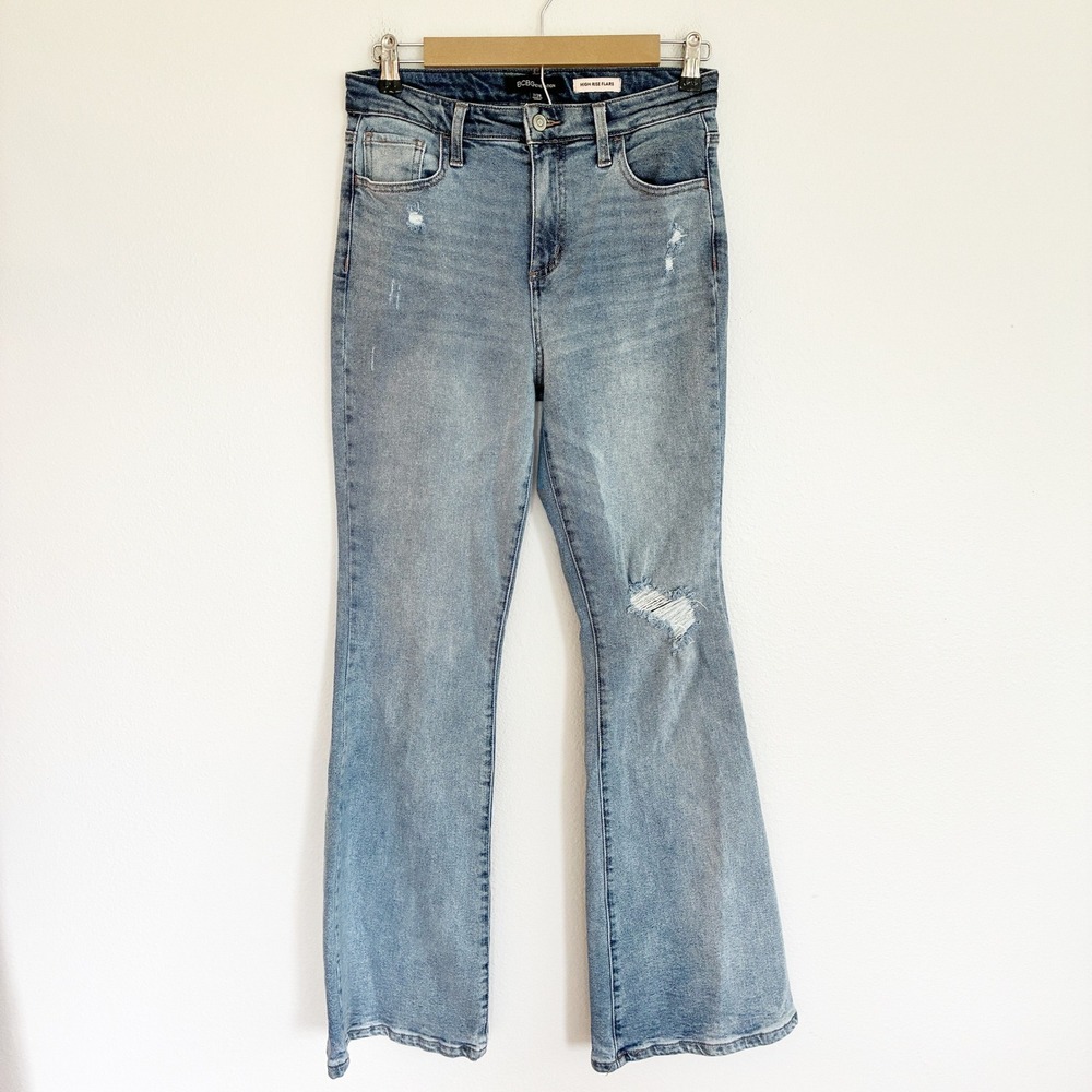 BCBGeneration High Rise Flare Jeans Womens 7/28 Distressed Cotton Stretch